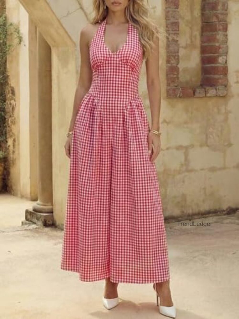 Halter V Neck Plaid Maxi Dress Smocked Backless Summer - Picture 2 of 6